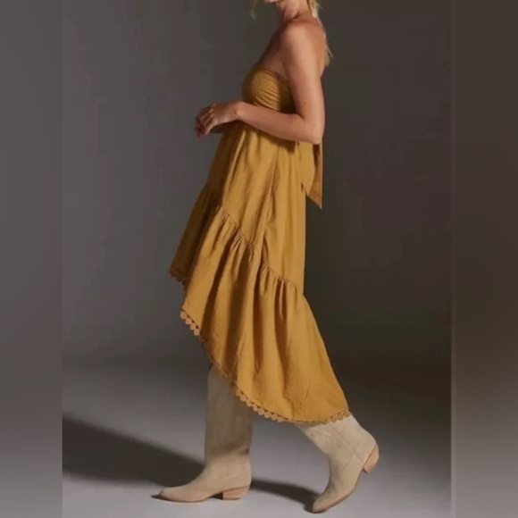 Anthropologie Maeve High Low Midi Dress Strapless tiered Boho Gold Size Small - Picture 3 of 10
